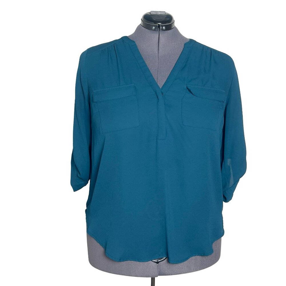 Torrid Harper Georgette 3/4 Sleeve Deep Teal Blouse (Size 0/L)